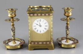 An early 20th century Richard & Co brass hour repeating carriage clock, with champleve enamel
