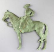 J. Valla. A green patinated bronze two sided relief plaque of a Spanish horsewoman, with parcel gilt