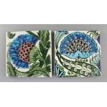 William de Morgan. Two Persian flower painted tiles, the first with impressed Sands End pottery