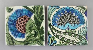 William de Morgan. Two Persian flower painted tiles, the first with impressed Sands End pottery