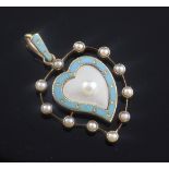 An Edwardian gold, enamel and seed pearl wavy heart shaped pendant, 1.25in.