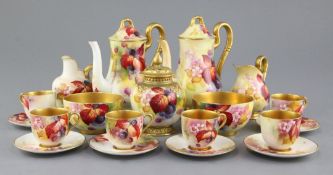 A group of Royal Worcester Autumnal fruit painted coffee wares and a similar pot pourri and cover,