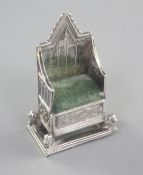 An Edwardian novelty silver pin cushion modelled as a Coronation chair by Levi & Salaman,