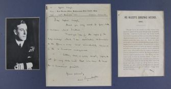 Mountbatten, Louis, 1st Earl Mountbatten of Burma (1900-1979). An autograph letter, 1 page,