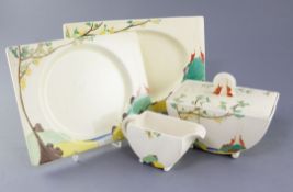 A Clarice Cliff nineteen piece Secrets pattern part dinner service, in Biarritz shape, c.1933-35,