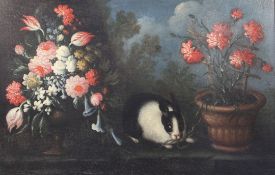 18th Century Neapolitan Schooloil on canvasStill life of a rabbit beside a vase of flowers and a pot