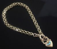 A late Victorian 15ct gold open box link bracelet, with turquoise set heart shaped padlock,