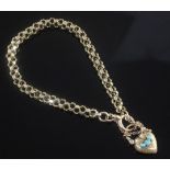 A late Victorian 15ct gold open box link bracelet, with turquoise set heart shaped padlock,