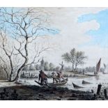 18th century Dutch Schoolink and watercolourFishermen on the banks of a river hauling nets6.5 x 7.