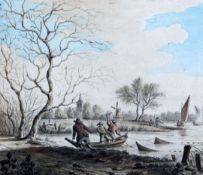 18th century Dutch Schoolink and watercolourFishermen on the banks of a river hauling nets6.5 x 7.