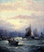 William Thornley (1857-1935)pair of oils on canvasFishing boats off the coast at Whitbysigned14 x