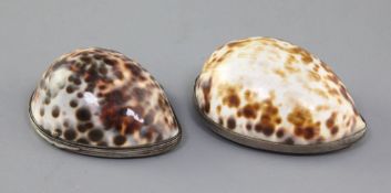 Two 19th century Cowrie shell snuff boxes, one with finely engraved mother of pearl inset hinged lid