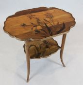 An Emile Gallé walnut and marquetry two tier table, late 19th century, each shaped tier decorated