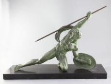 Salvatore Melani. An Art Deco green patinated bronze figure of a gladiator, on black marble