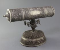 An early 20th century Indian silver presentation scroll case and stand, relating to Frederick