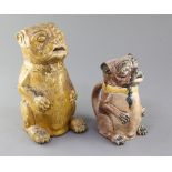 Two Continental pottery jugs, modelled as seated pugs, late 19th century, the first with a