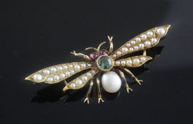 A Victorian style gold and multi gem set bug brooch, 2in.