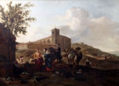 18th century Flemish Schooloil on wooden panelVegetable sellers beyond the walls of a monastery24