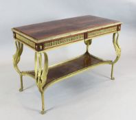 A French Empire style ormolu mounted flame mahogany centre table, with two frieze drawers,