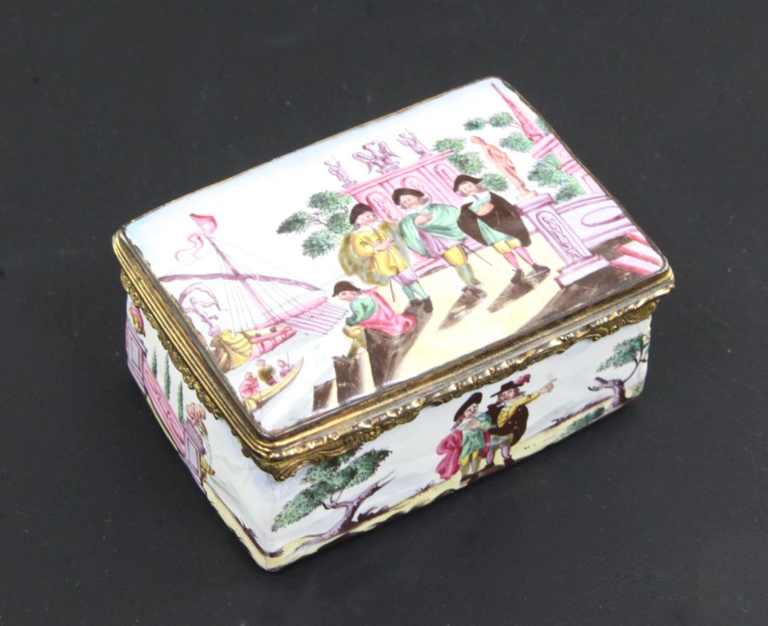 A 19th century Continental enamel snuff box, with gilt hinge, decorated with figures in harbours,