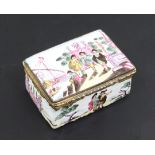 A 19th century Continental enamel snuff box, with gilt hinge, decorated with figures in harbours,