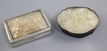 A 19th century Dutch silver snuff box, inset mother of pearl plaque depicting figures, 3.25in.,