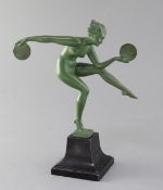 Marcel Bouraine (French, 1886-1943). An Art Deco green patinated bronze figure 'Danseuse Paienne',