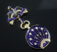 An early 20th century Swiss 18kt gold, blue enamel and rose cut diamond set dress fob watch, with