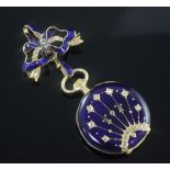 An early 20th century Swiss 18kt gold, blue enamel and rose cut diamond set dress fob watch, with