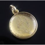 A George III 1792 spade guinea, in 18ct gold mounted convex glass pendant, 1.25in.