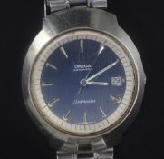 A gentleman's early 1970's stainless steel Omega Seamaster automatic wrist watch, the blue dial with