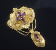 A Victorian high carat gold and gem set gem drop pendant brooch, with foliate and shell decoration