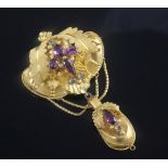 A Victorian high carat gold and gem set gem drop pendant brooch, with foliate and shell decoration