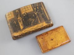 A Victorian mauchlineware snuff box, decorated with a woman in court, 3.25in., and a burr wood snuff