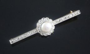 An early 20th century French 18ct gold, natural pearl and rose cut diamond cluster set bar brooch,