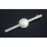 An early 20th century French 18ct gold, natural pearl and rose cut diamond cluster set bar brooch,