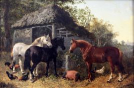 Attributed to John Frederick Herring (1815-1907)oil on wooden panelFarmyard scene with horses,