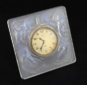 A Rene Lalique Naiades frosted glass strut timepiece, with gilt dial eight day movement, raised