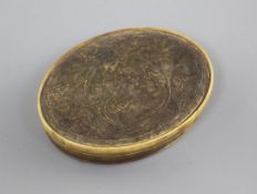 A George II horn snuff box, impressed with the Monarch's head and crest, with traces of old gilding,