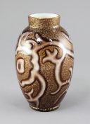 A Loetz 'octopus' ovoid glass vase, c.1888, a satin cased glass with airtrap decoration in white and