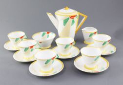 A Shelley Sunray pattern vogue shape sixteen piece coffee set, decorated in the red, green, beige