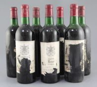 Seven bottles of Grand Vin Clos Rene, Pomerol, 1961, loss to most labels.