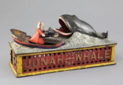 A cast iron 'Jonah and the whale' mechanical money bank, by Shepard Hardware, c.1890, with