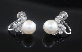 A pair of 14ct white gold, cultured pearl and diamond cluster set ear clips, 13mm.
