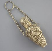 A Victorian silver gilt teardrop shaped scent bottle embossed with birds amongst foliage, Edwin