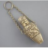 A Victorian silver gilt teardrop shaped scent bottle embossed with birds amongst foliage, Edwin