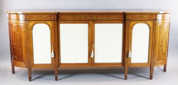 A large Edwardian Sheraton Revival marquetry inlaid satinwood credenza, with four glazed doors