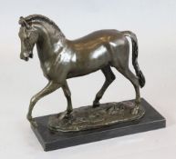 After Pierre Jules Mene. A bronze model of a horse, bears signature, black marble plinth, height