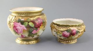 Two Royal Worcester pink rose painted bowls, date code for 1919, the larger signed W.H. Austin, gilt