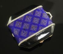A French Art Deco 18ct gold, two colour enamel and rose cut diamond set octagonal compact, with